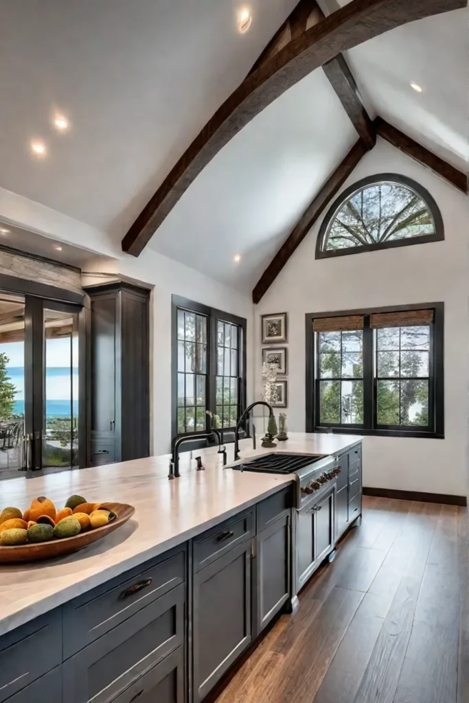 A spacious traditional kitchen with a vaulted ceiling and exposed beams