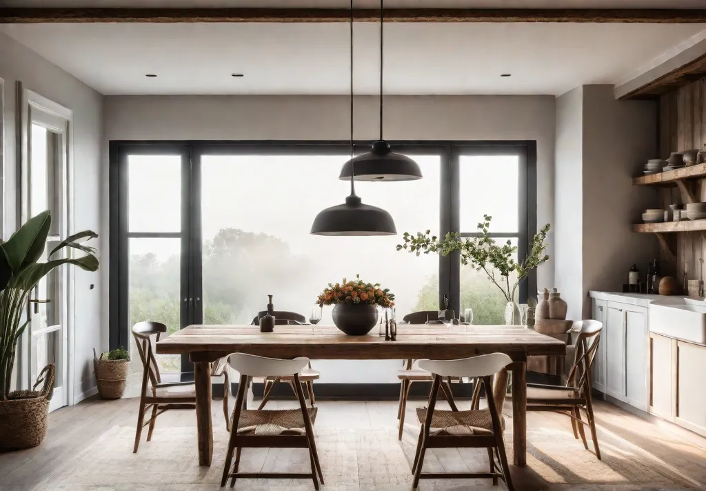 A sunlit farmhouse kitchen featuring a DIY table crafted from reclaimed woodfeat