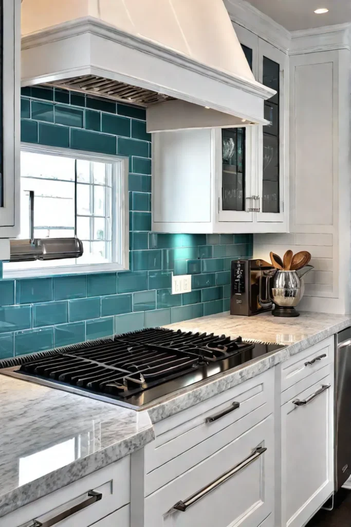 Bright white kitchen with light gray quartz and glass subway tile