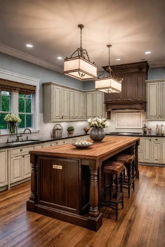 Combined raisedpanel and beadboard cabinets in a spacious kitchen