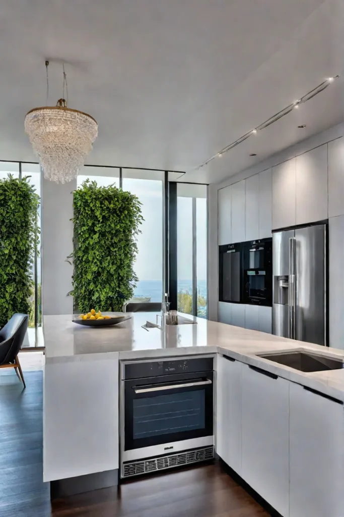 Contemporary traditional kitchen with modern appliances and a sleek quartz countertop