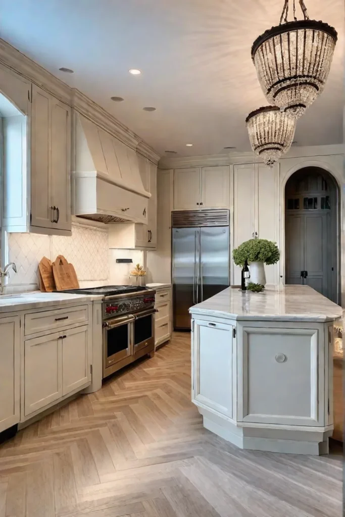 Cozy traditional kitchen with cream cabinets and marble countertops