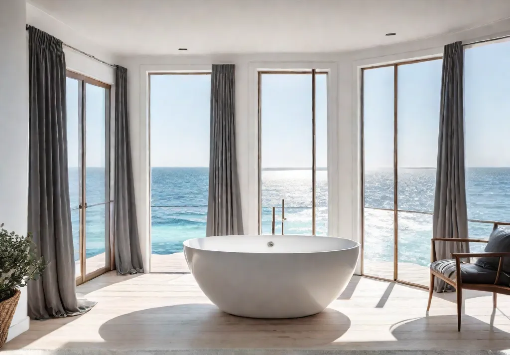 A bright and airy bathroom with white shiplap walls large windows overlookingfeat