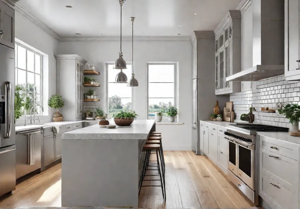 A bright and airy kitchen featuring a classic subway tile backsplash infeat