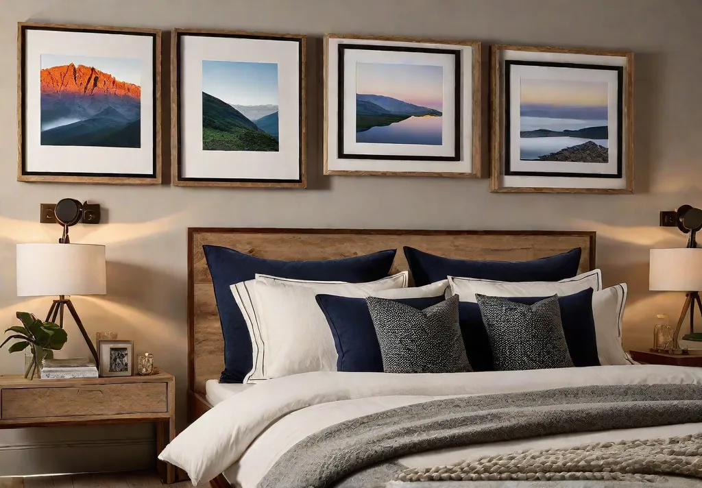 A captivating gallery wall in a serene bedroom featuring a mix offeat