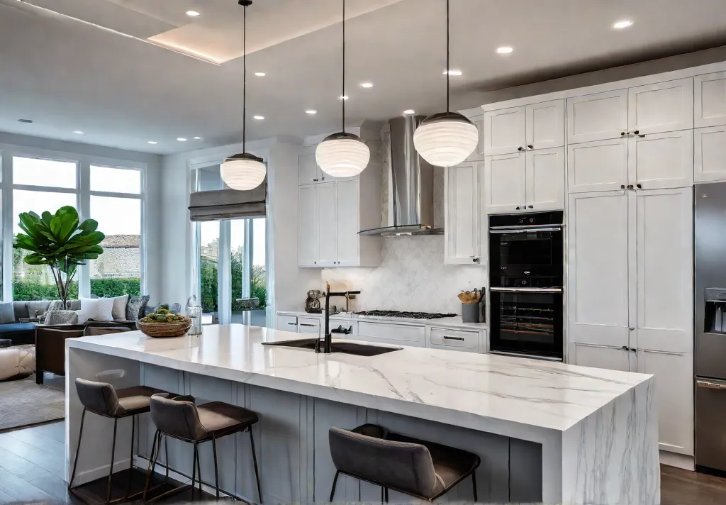 A modern kitchen flooded with natural light from a large window featuringfeat