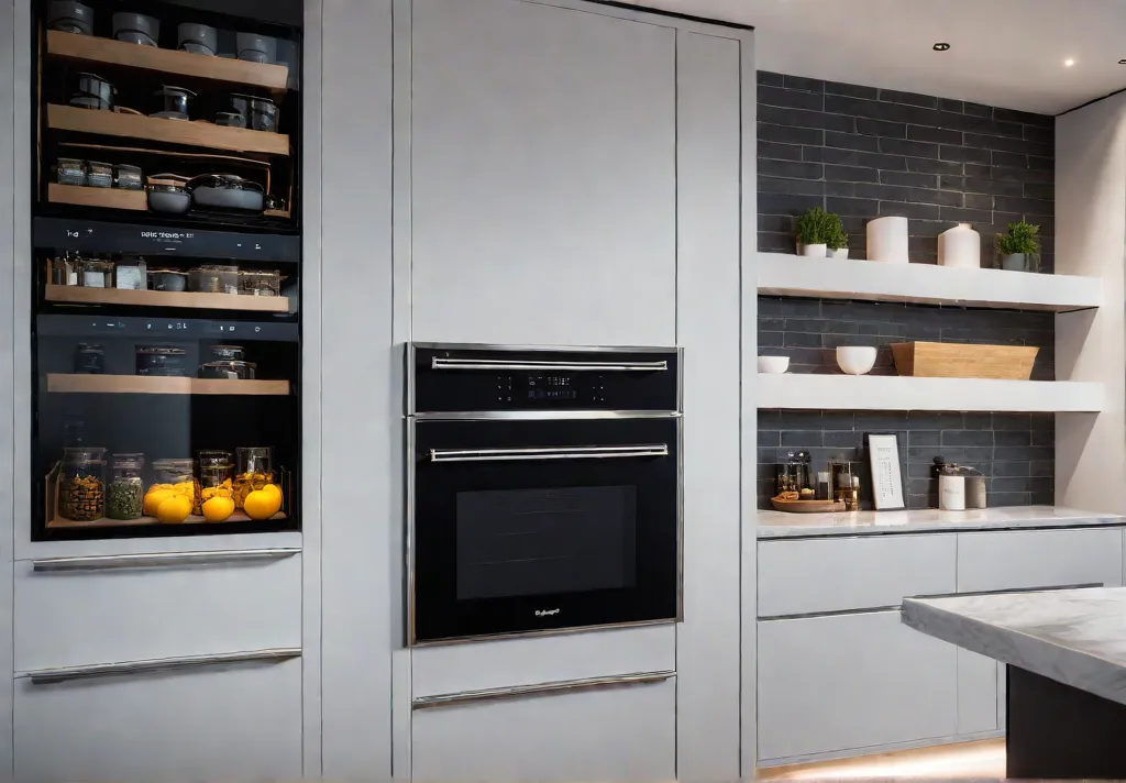 A modern minimalist kitchen bathed in warm natural light showcasing integrated smartfeat