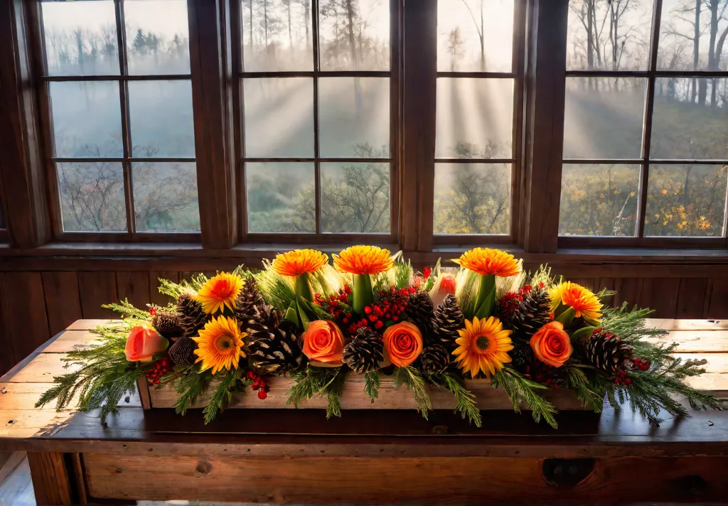 A rustic kitchen table with a centerpiece made of a wooden cratefeat