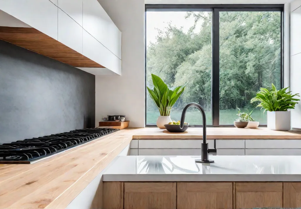 A small Scandinavian kitchen bathed in natural light from a large windowfeat