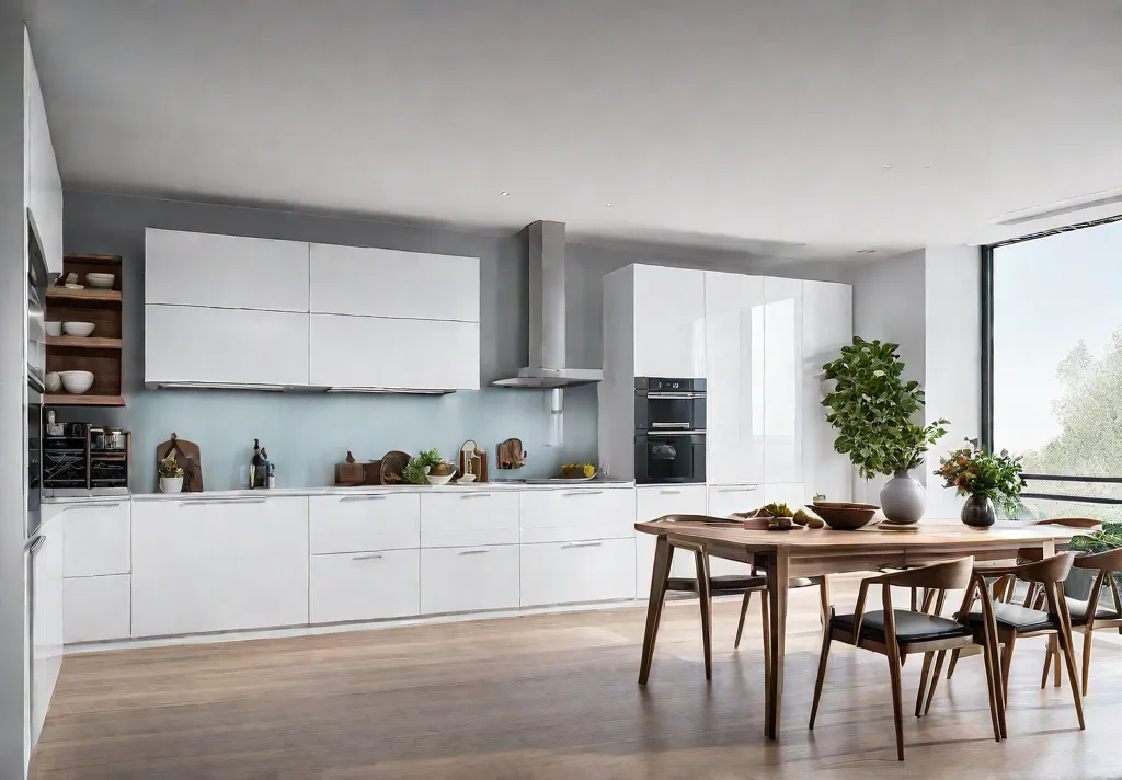 A small bright kitchen filled with natural light Open shelving displays neatlyfeat