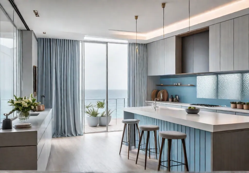 A small kitchen with light grey cabinets and white countertops featuring afeat