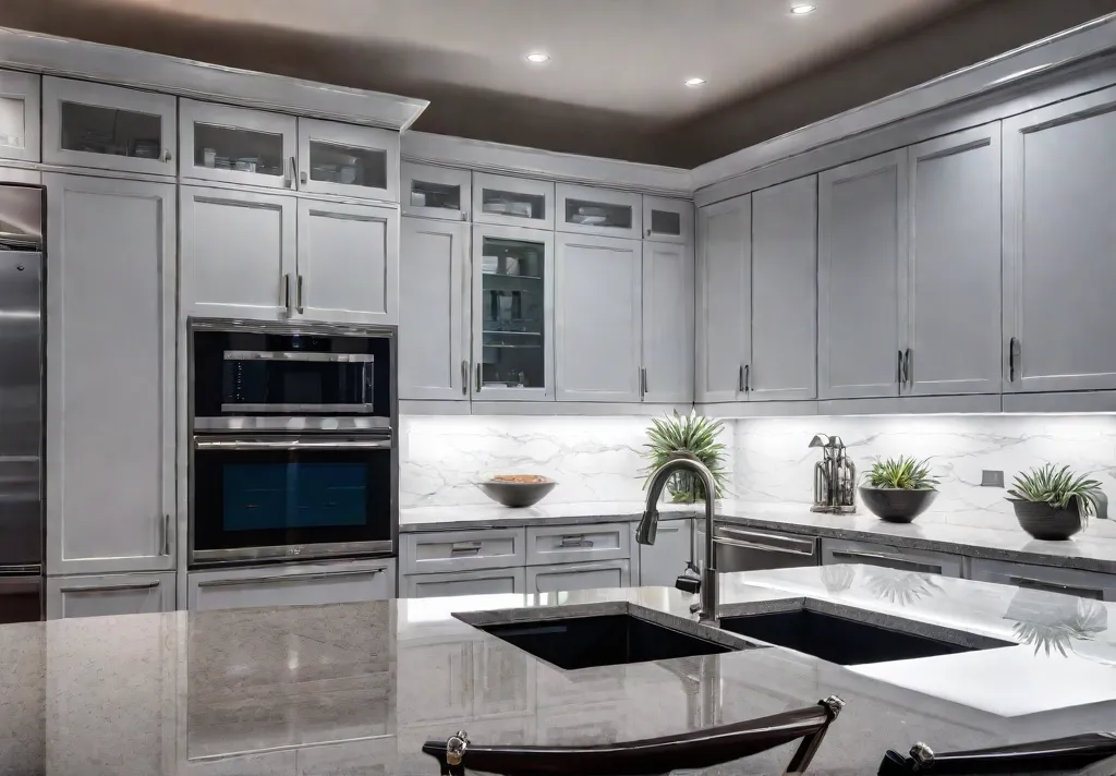 A small luxurious kitchen featuring compact highend appliances custom cabinetry quartz countertopsfeat