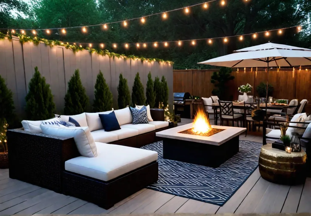 A spacious backyard entertainment area featuring a sprawling composite deck with distinctfeat