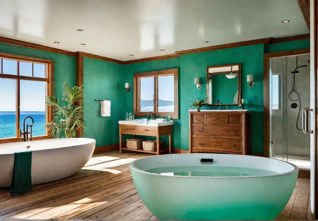 A sundrenched coastal bathroom with sea glass green walls a freestanding bathtubfeat