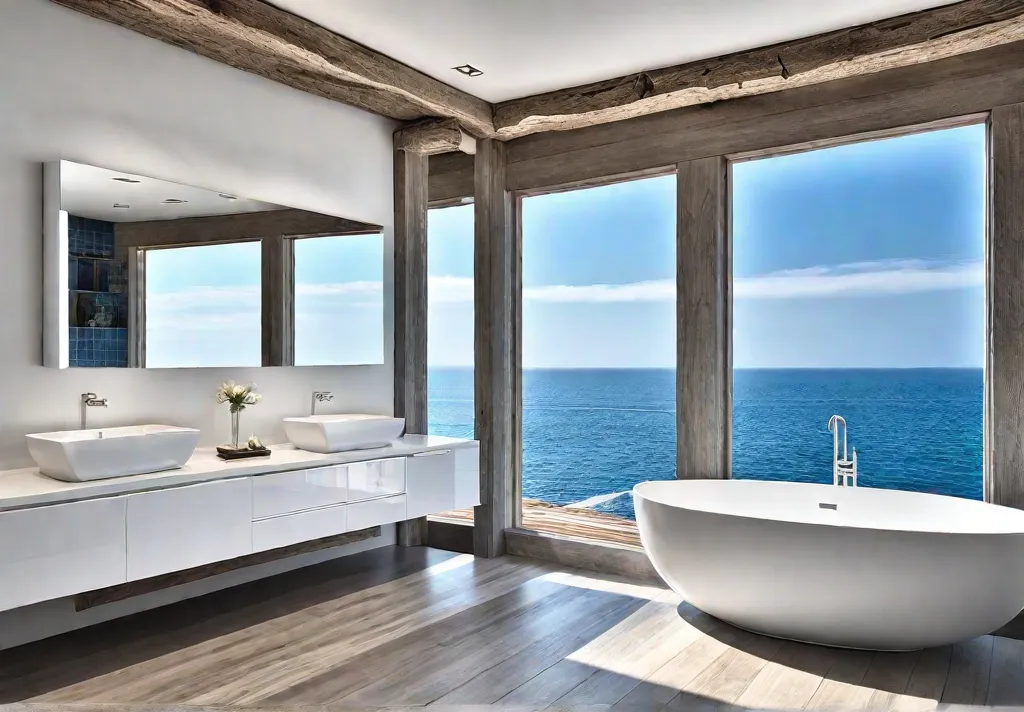 A sundrenched modern bathroom with large windows overlooking the ocean The roomfeat