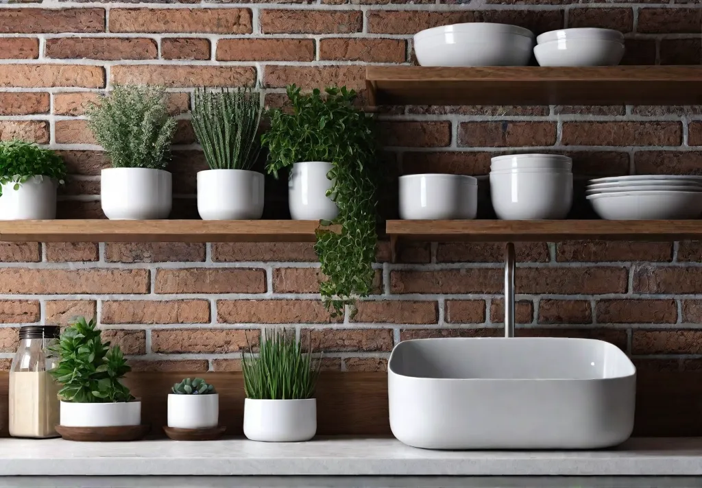 A modern farmhouse kitchen with a textured brick wall accented by floatingfeat