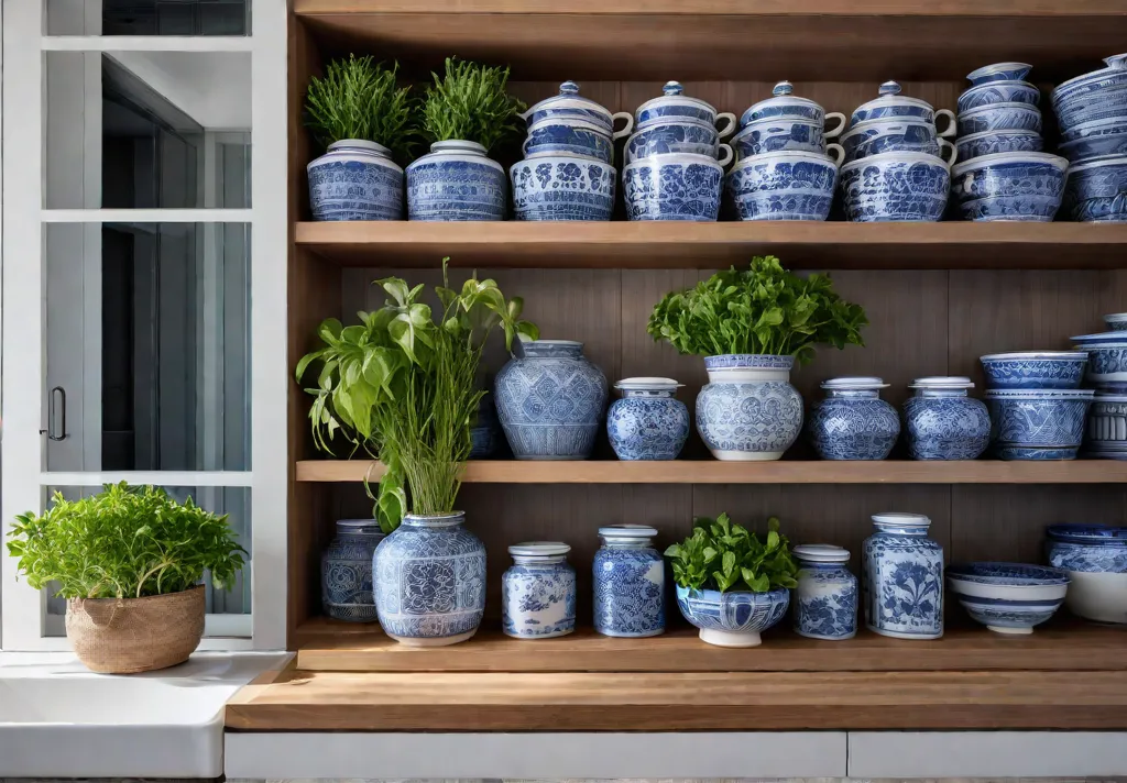 A sundrenched kitchen featuring open shelves styled with a cohesive collection offeat