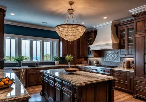 A spacious traditional kitchen bathed in warm inviting light A grand chandelierfeat