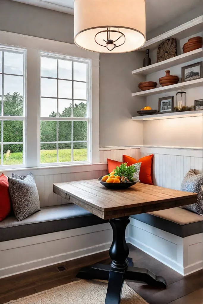 Beadboard cabinets and a banquette in a cozy kitchen nook