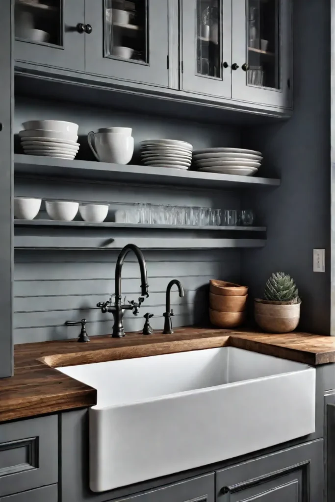 Beadboard cabinets and a farmhouse sink in a rustic kitchen