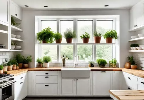 A bright and airy small kitchen with white RTA cabinets butcher blockfeat