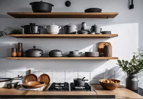 A small brightly lit kitchen featuring open shelving with neatly arranged minimalistfeat